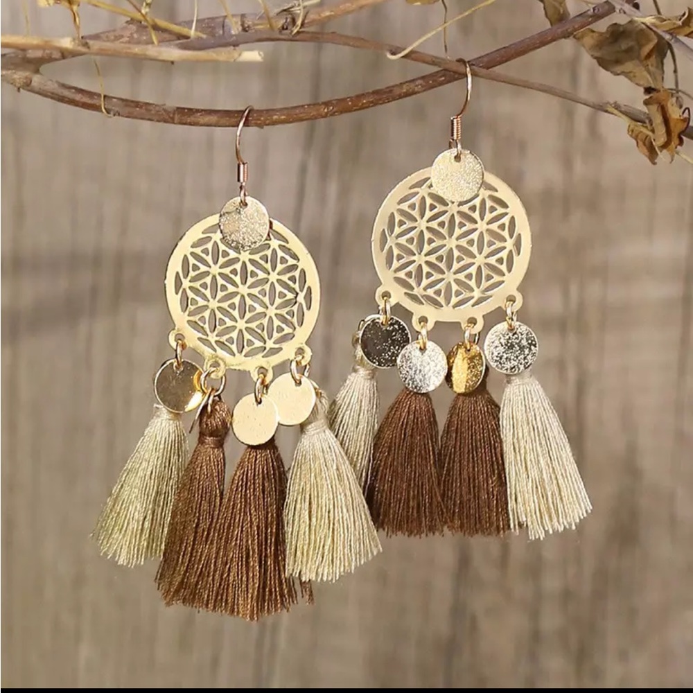 BOHO TAN GOLD WHITE ETHNIC TASSEL EARRINGS